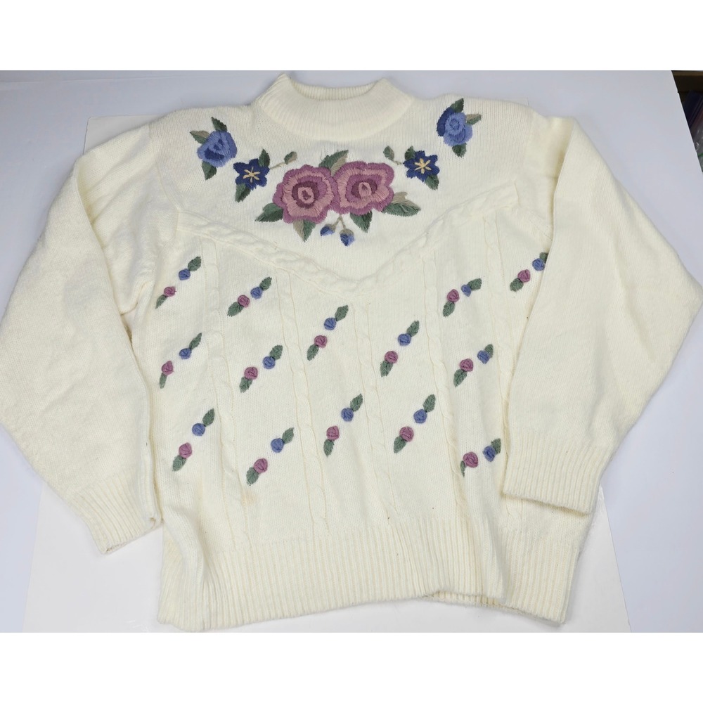 Alfred Dunner Vintage Floral Embroidered Mock Neck Sweater Cream Womens Medium